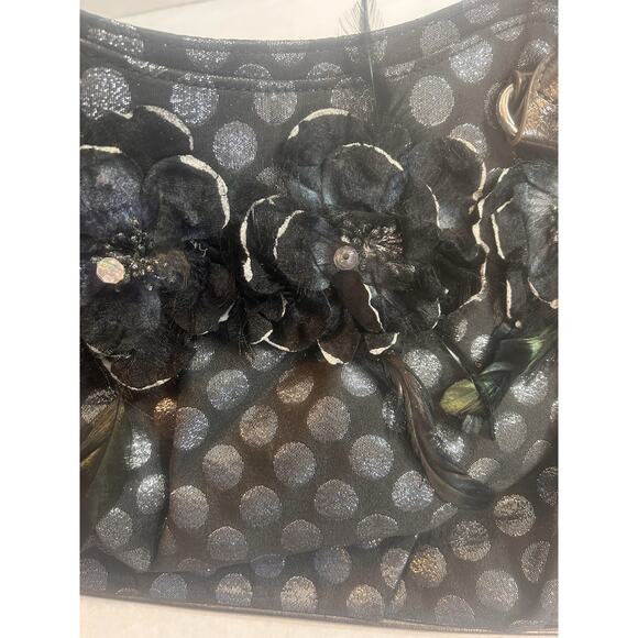 Hananel Black Feathers Flowers Bling Purse Hand Bag Embellished Silver Polka Dot - Picture 11 of 16